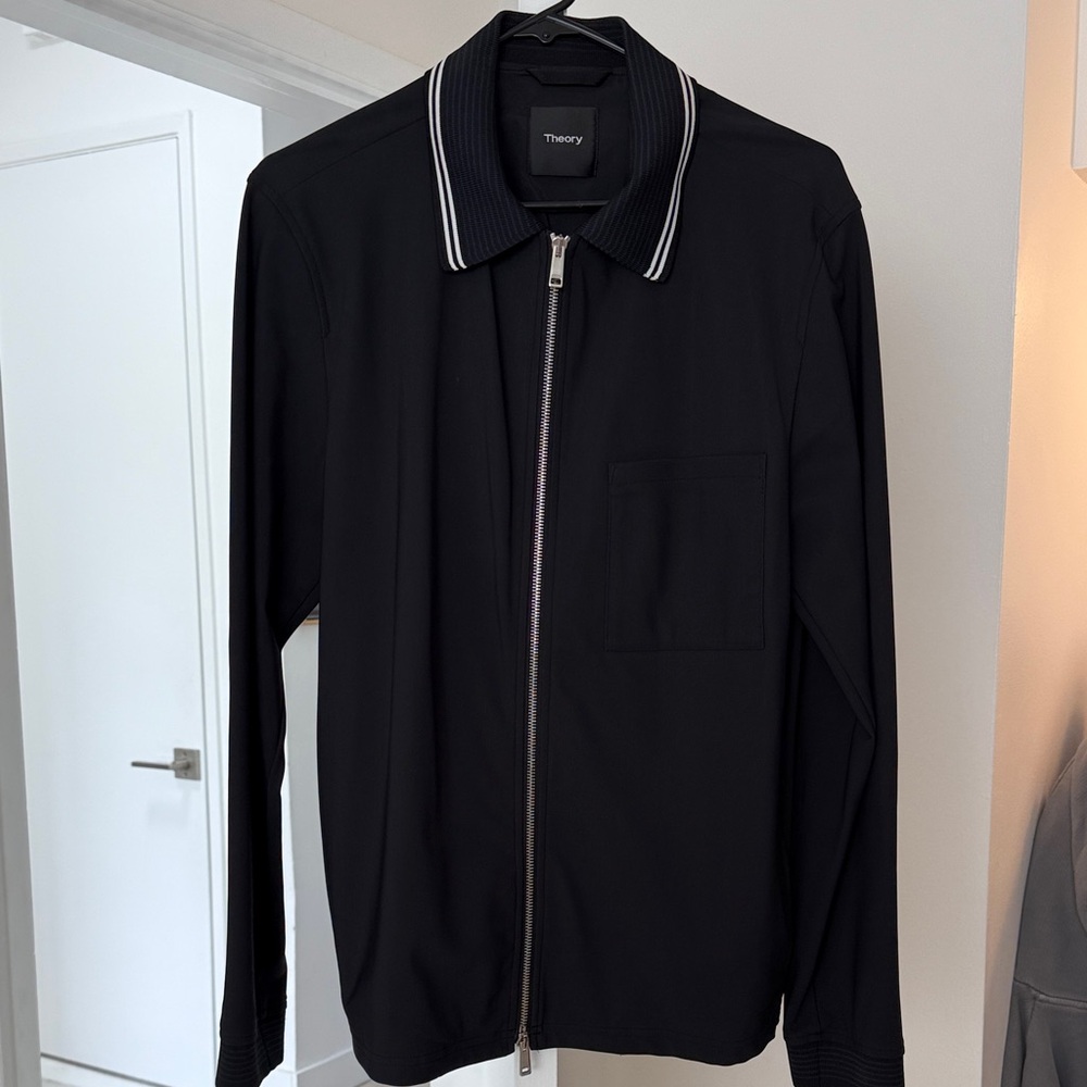 Theory Black Zip-Up Shirt with Striped Collar